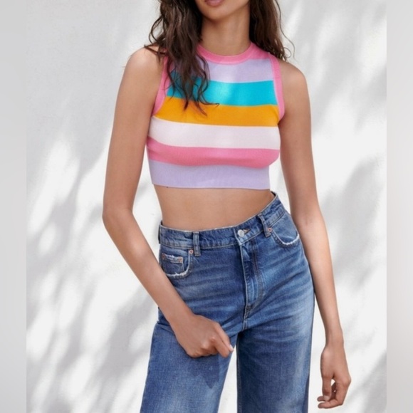 Zara stripe rainbow colored knit crop top size small - Picture 1 of 7